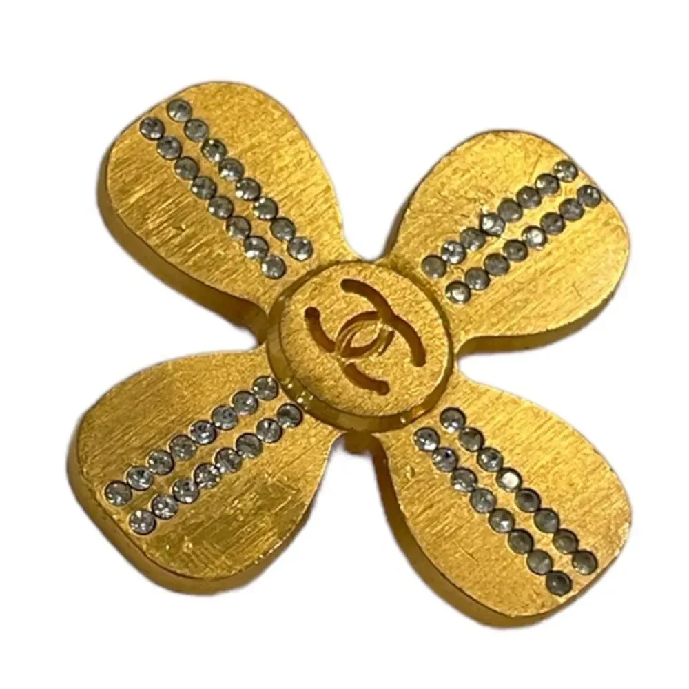 CHANEL STUNNING Vintage Gold & Crystal CC Logo RARE Clover 🍀 Brooch